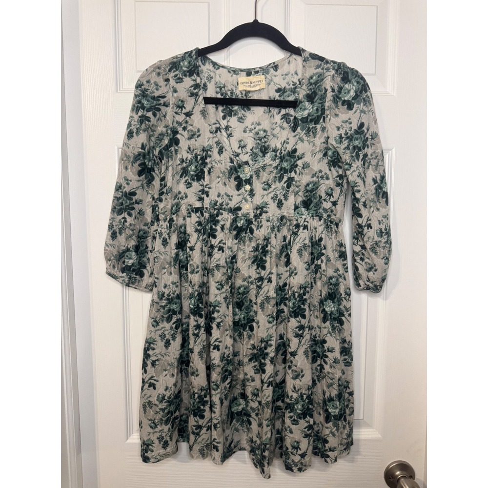 Denim & Supply Ralph Lauren Floral Empire Waist Mini Dress Green Grey XS